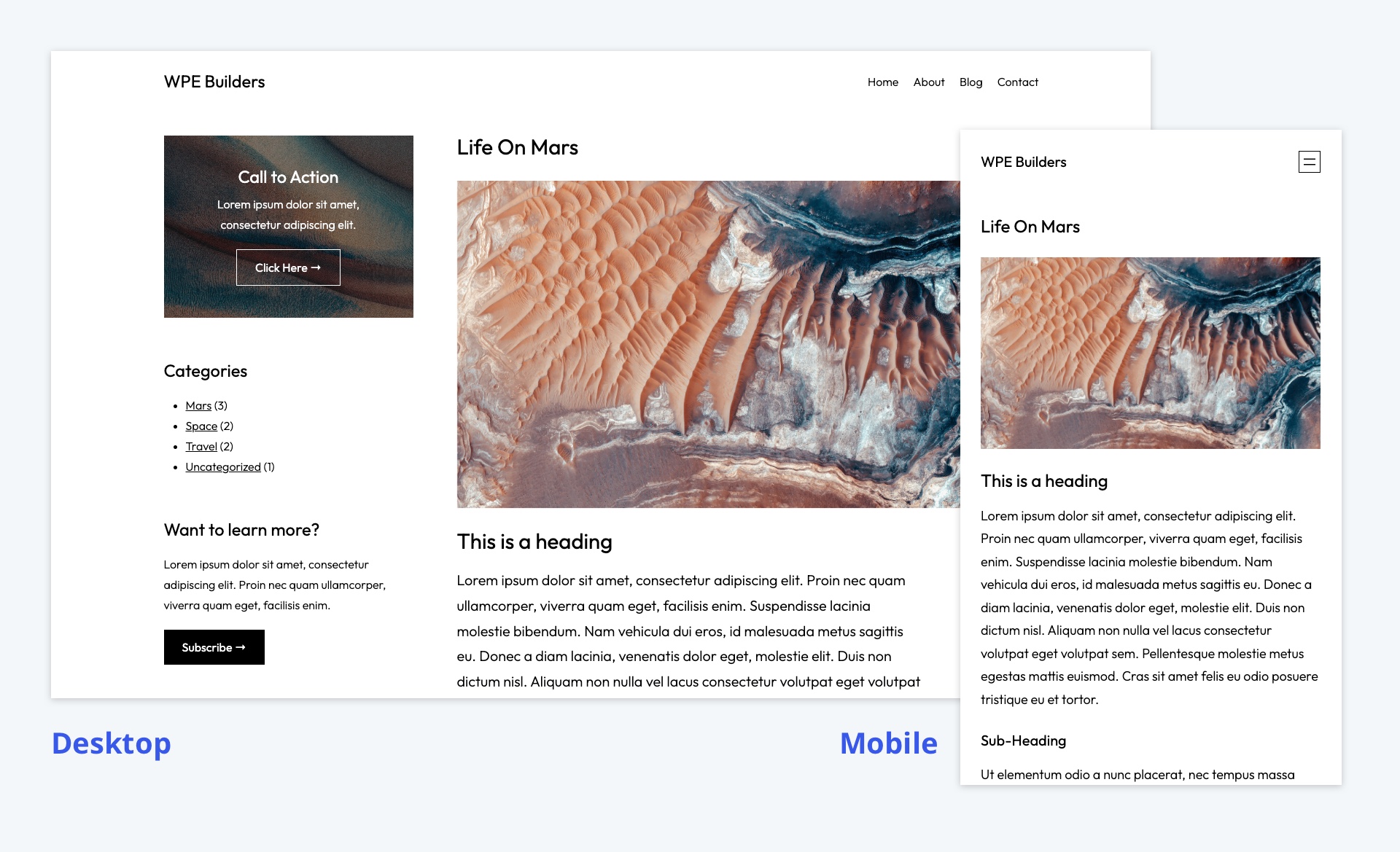 The desktop and mobile view of the custom page template featuring a sidebar content area.