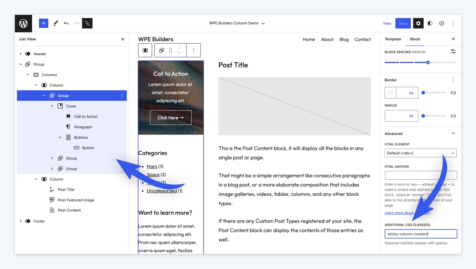 Adding a Group container and applying the custom CSS class.