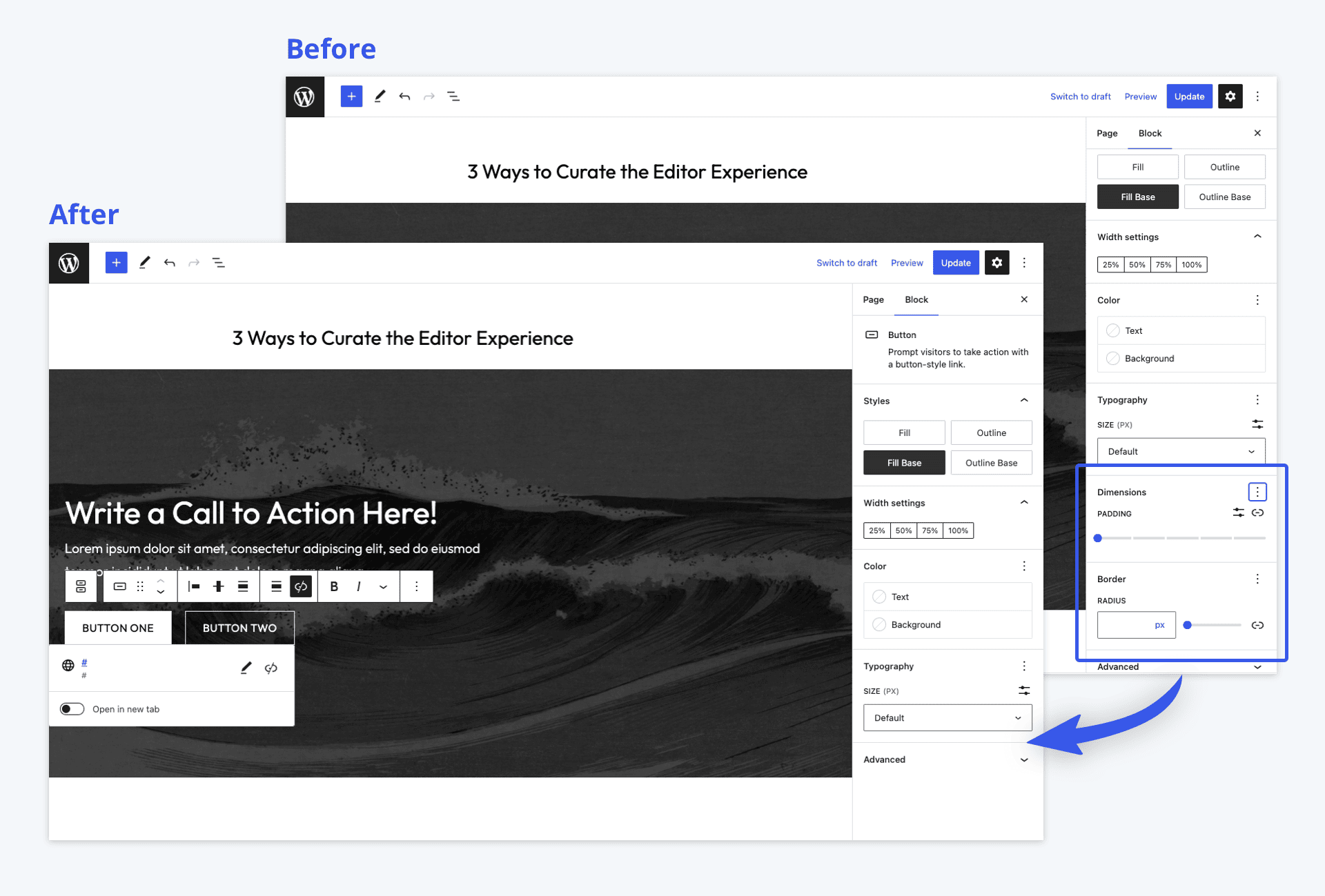 Dimension and Border controls have been hidden in the Settings Sidebar via theme.json.