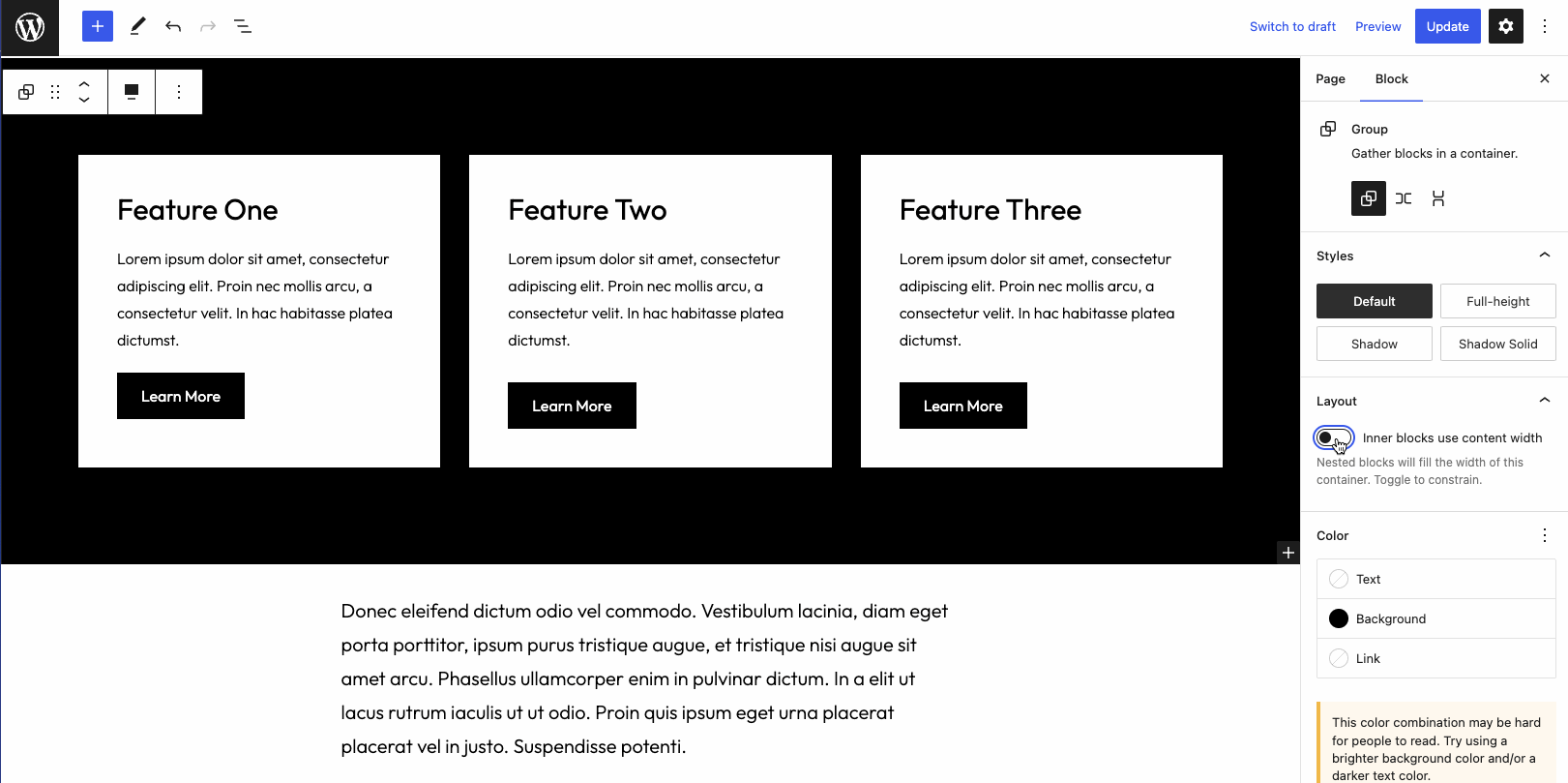 Configuring custom layout settings on a Group block.