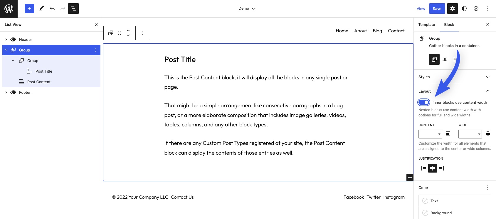 Enabling layout on the container Group block.