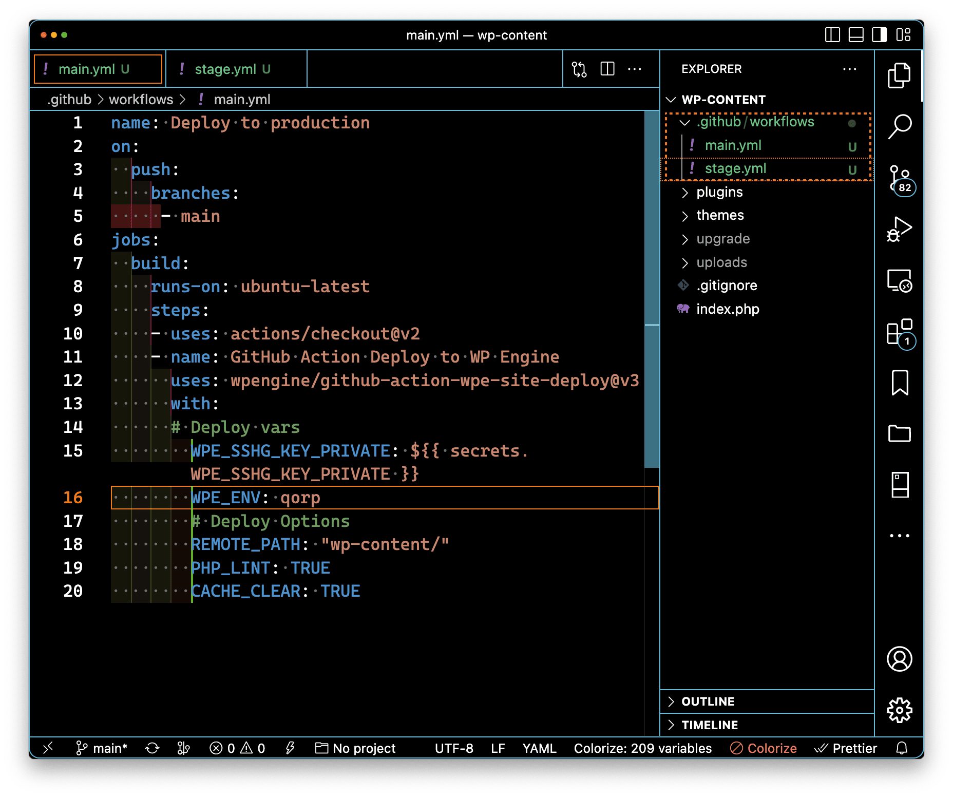 Screenshot of VS Code with workflows directory highlighted in Explorer