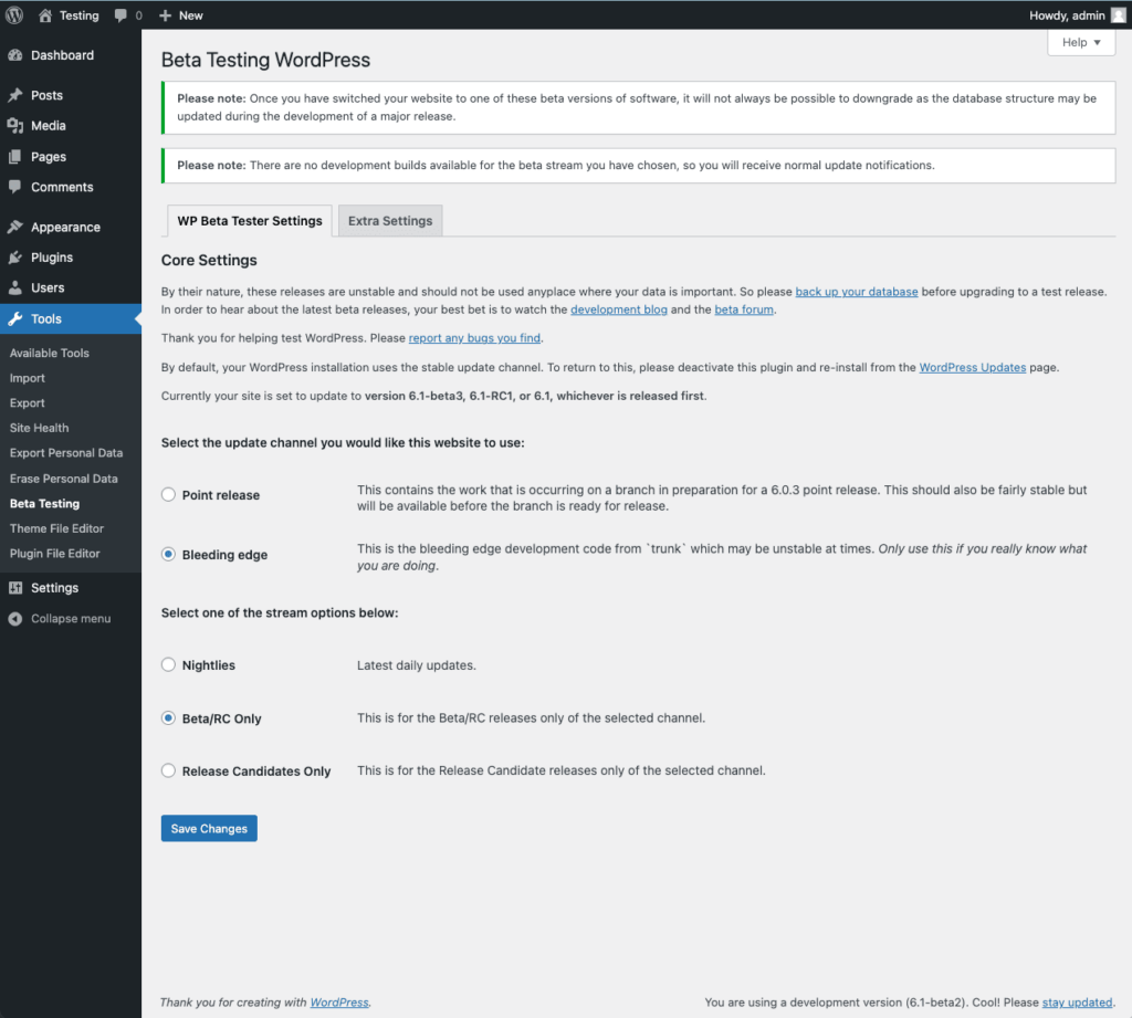 WordPress Beta Tester plugin settings screen