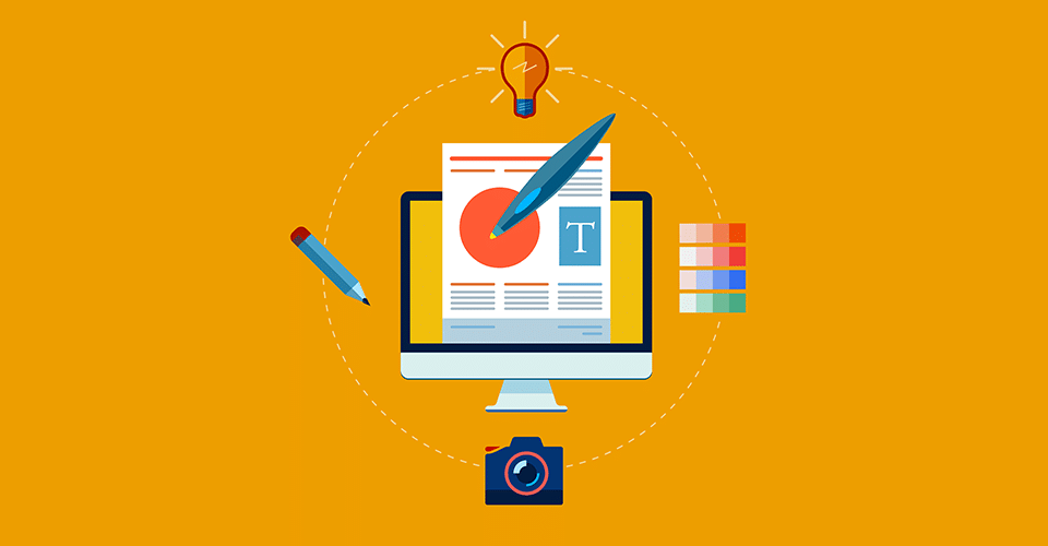 A computer icon with various other icons emerging from the screen, including a pencil, a color swatch, and a light bulb, all on an orange background