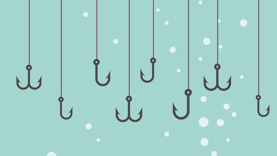 a series of illustrations of fishing hooks on strings with several bubbles surrounding them on a greenish-blue background