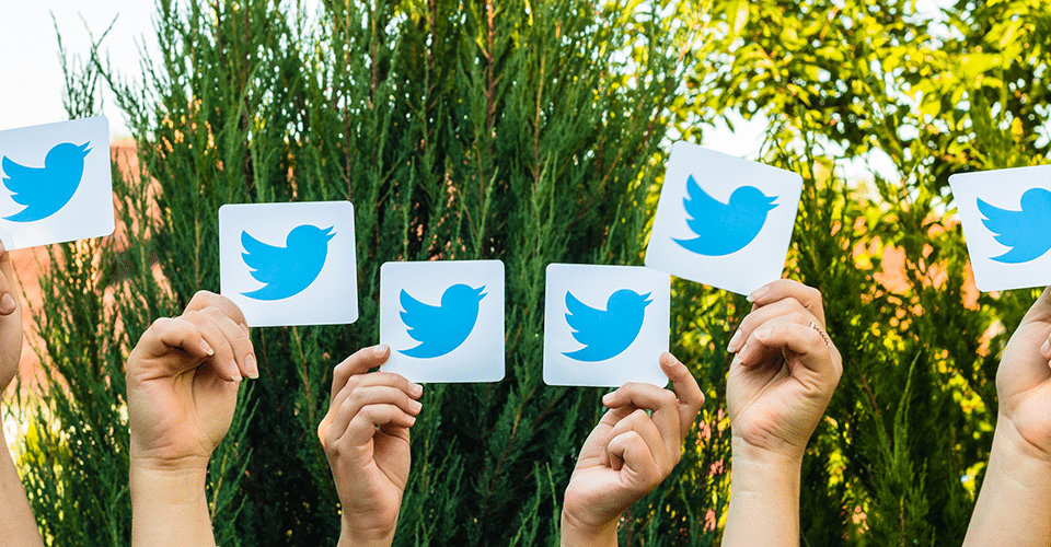 hands holding up multiple pieces of card stock with the Twitter logo