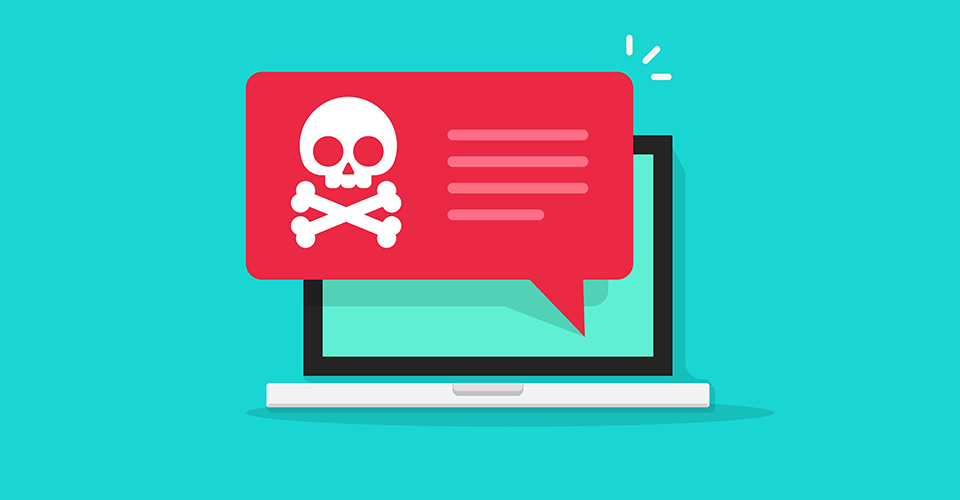 a laptop icon with a red notification bearing a skull and crossed bones on a light blue background