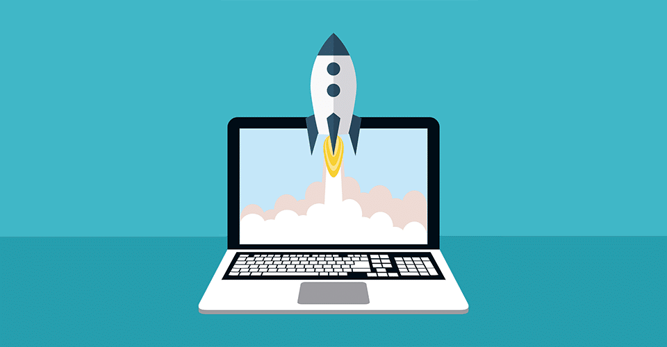 How to Improve Your WordPress Site Speed and Performance. illustration of a rocket icon launching from a laptop on a blue background