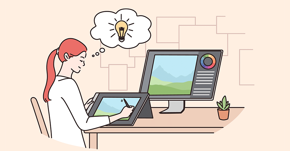 an illustration of a designer sketching on a tablet while seated at her computer at a desk. A thought bubble with a light bulb inside extends from her forehead.