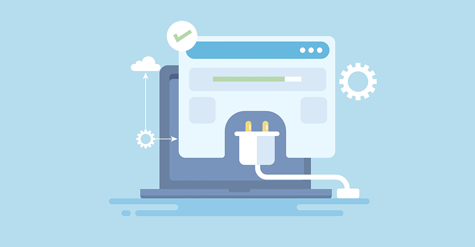 a computer icon with a large plug coming from the interface on a light blue background