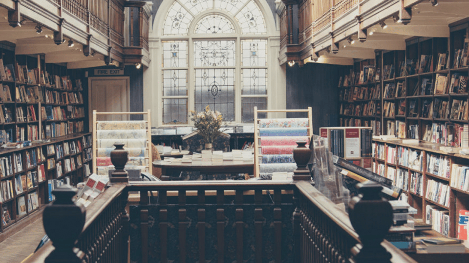 the view from inside a library looking out an ornate arched window