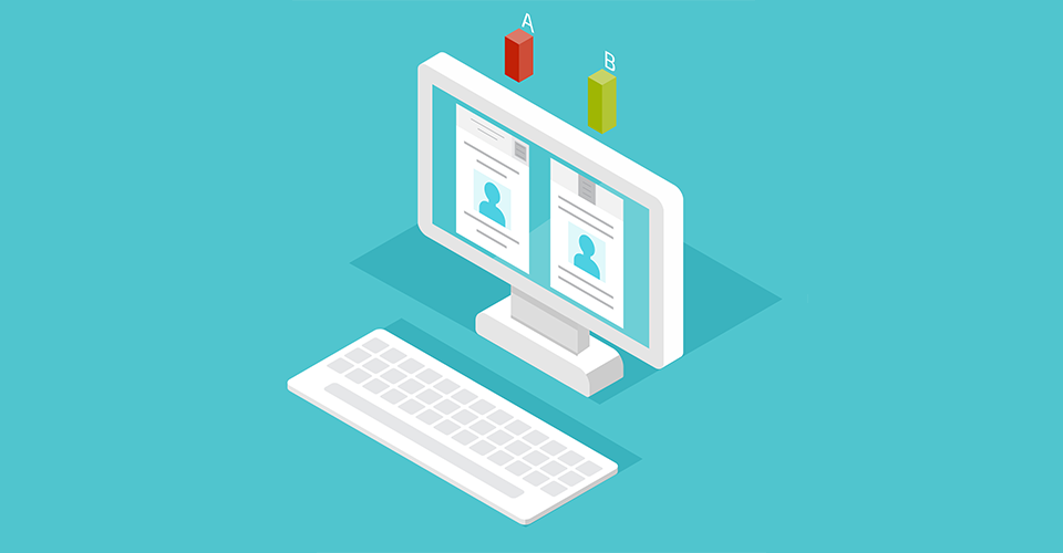 computer icon on a light blue background. screen of the computer displays two different page layouts, and bars labeled A and B rise from the top of the screen to indicate the results of an A/B test