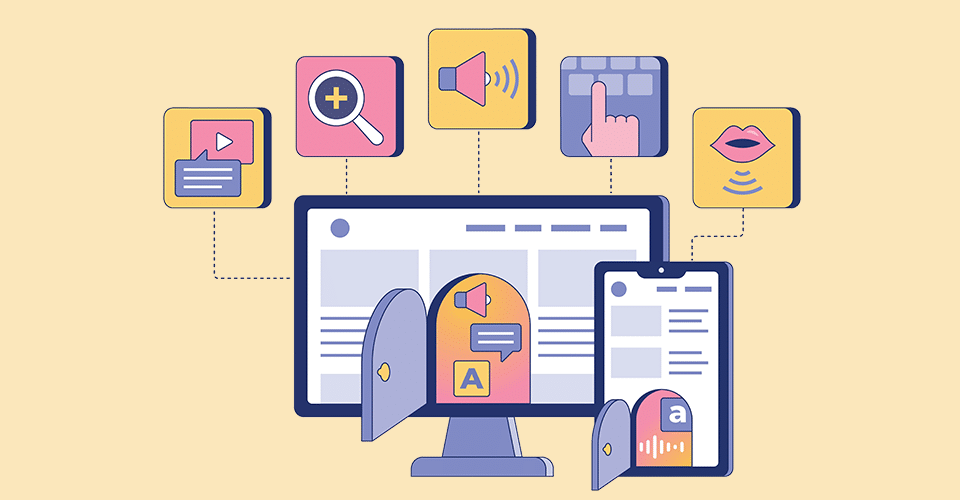 icon representing a computer surrounded with other icons representing areas of accessibility, from a magnifying glass to a mouth depicting talk to text to a megaphone for sound settings
