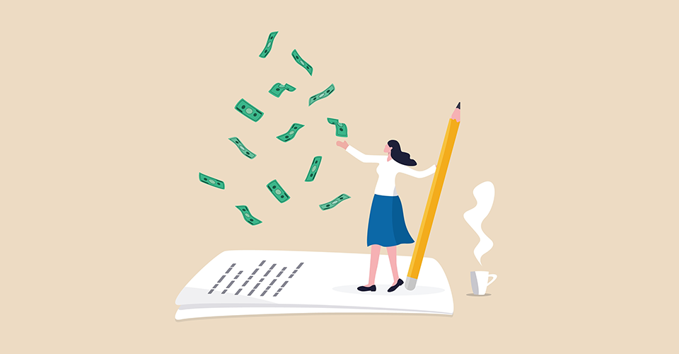Ways to monetize your blog. illustration shows a woman standing on a page with a large pencil while money falls from above