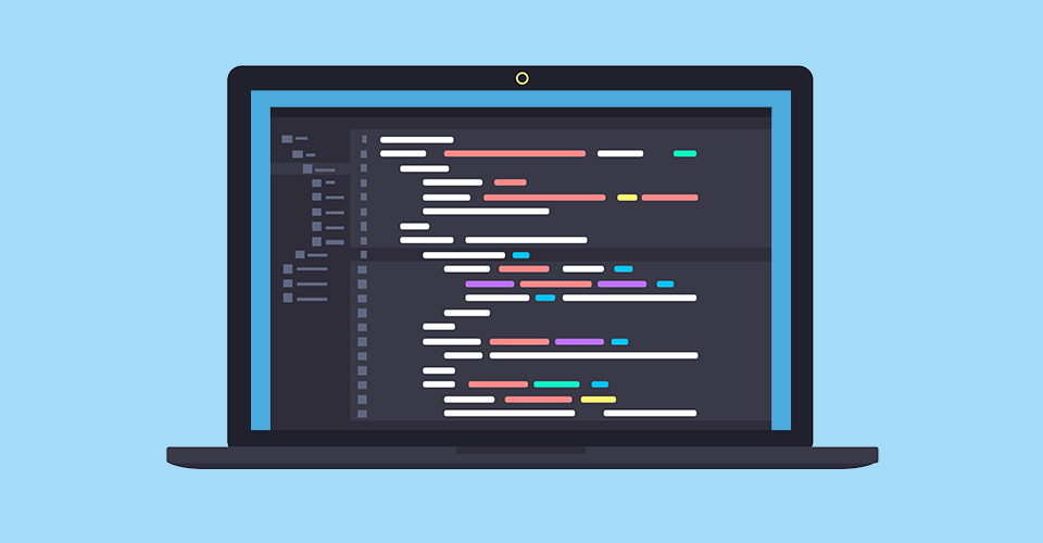 a computer icon with multiple different colors of shortcode on a light blue background