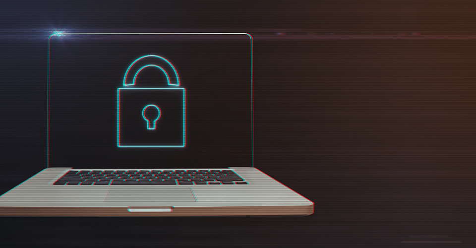 WordPress Security and Antivirus Plugins. a laptop with a blue lock icon displayed on a black background