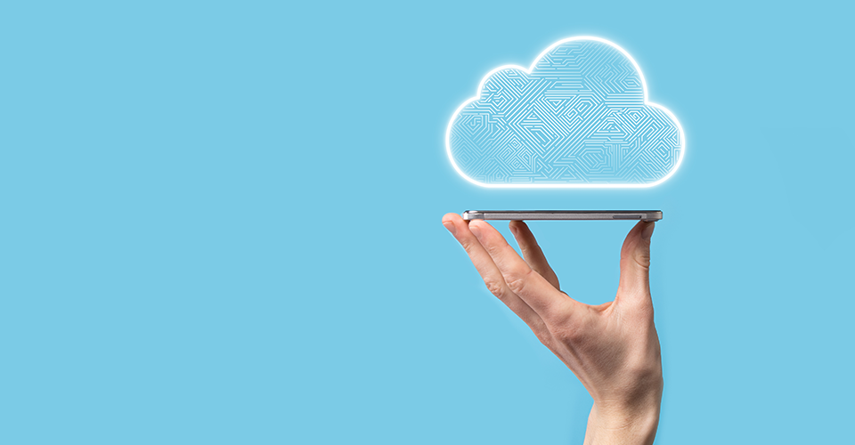 Understanding Cloud Hosting Services. A hand holds up a tablet, above which, a small digital cloud hovers