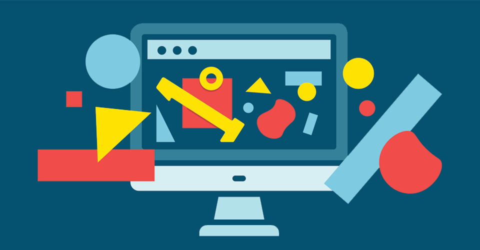 computer icon displaying multiple abstract shapes that are spilling out into the foreground on a dark blue background