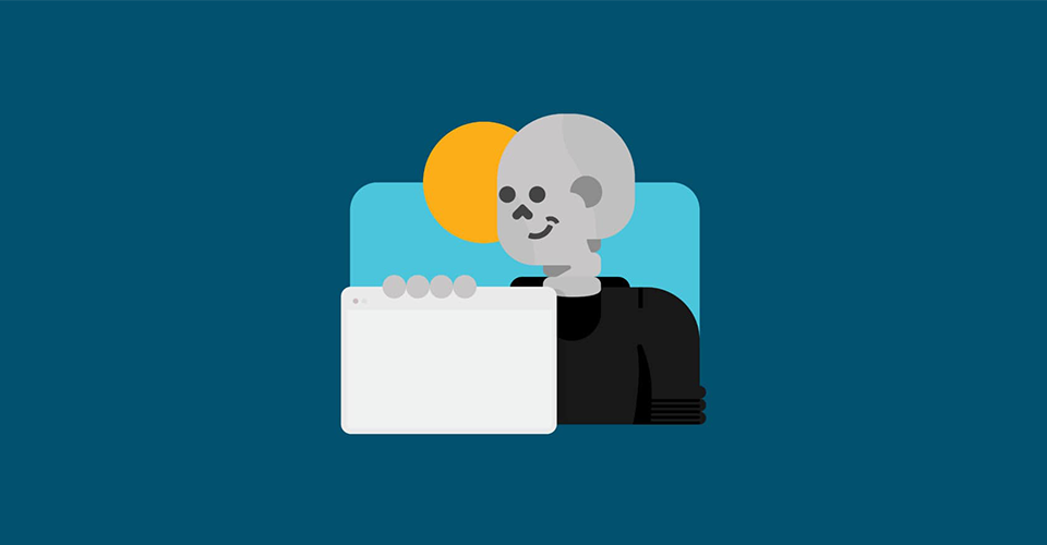 a cartoon ghoul holds a blank white web page while smiling