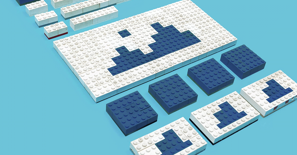 blue and white legos arranged to look like a mockup of a web page layout