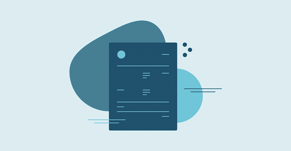 a dark blue icon representing an invoice on a background with bulbous, amorphous blue shapes