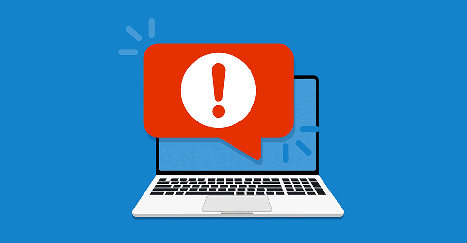 How to prevent MySQL Injection attacks in WordPress. Image shows a laptop icon with a large red exclamation point notification implying a cyberattack