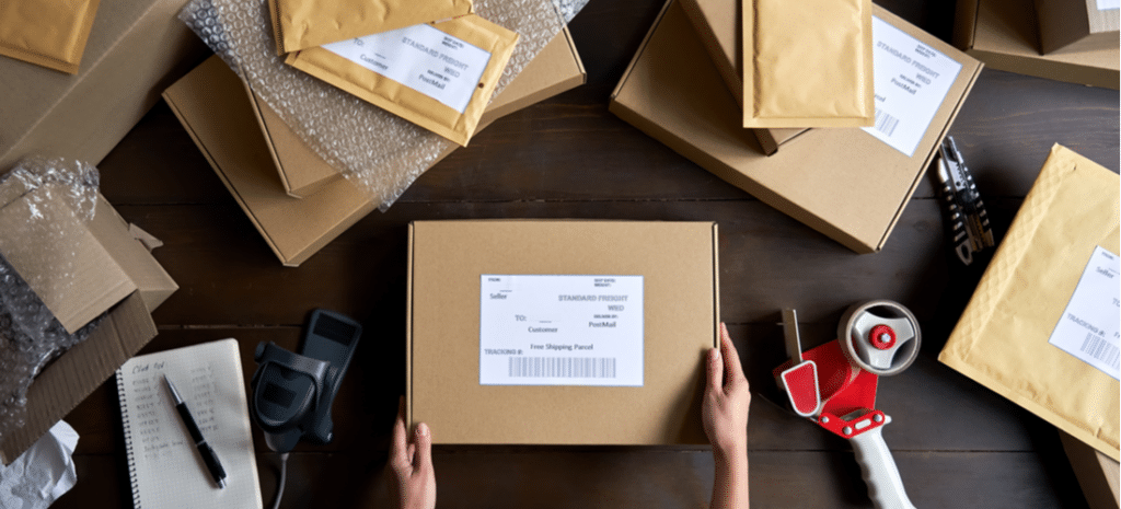Pair of hands packing boxes for WooCommerce store