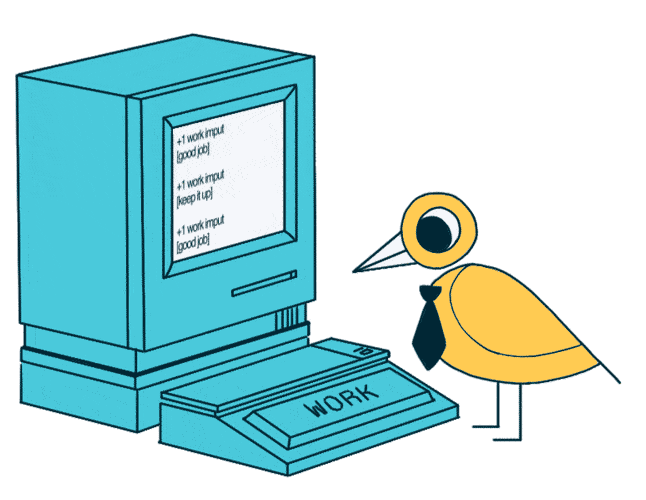 Animation of illustrated bird typing on computer