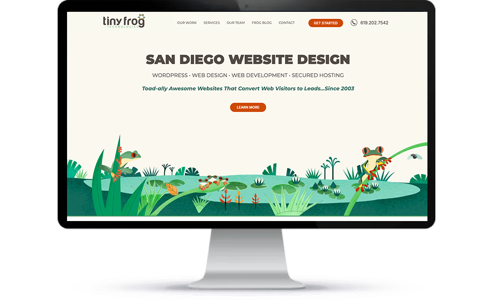 Tiny Frog website displayed on a Mac desktop screen