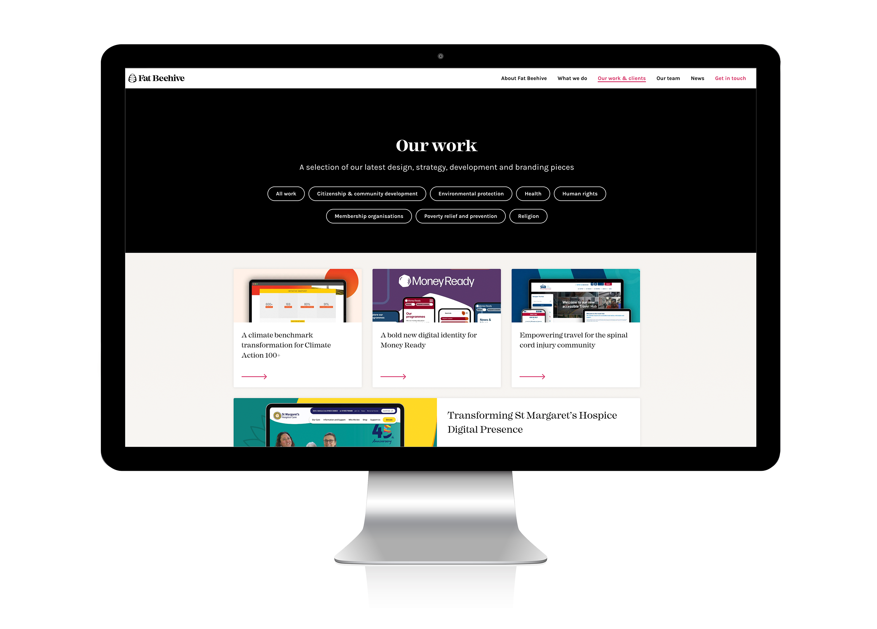 A screencap of the Fat Beehive website in a computer monitor frame.