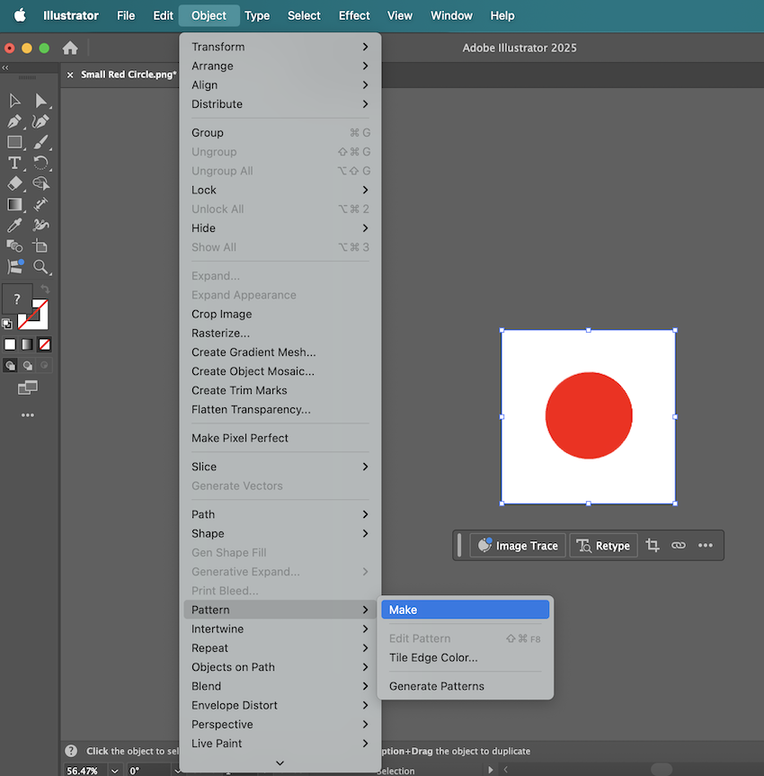 A screenshot of Adobe Illustrator, opening Pattern Editing Mode. The screenshot shows the Object menu, with Pattern and then Make selected. 