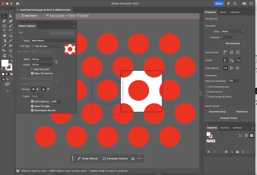 A screenshot from Adobe Illustrator, showing some options in action. In this case, the pattern is now organized as a "Hex by Row" Tile Type, as opposed to the "Grid" Tile Type used previously. 