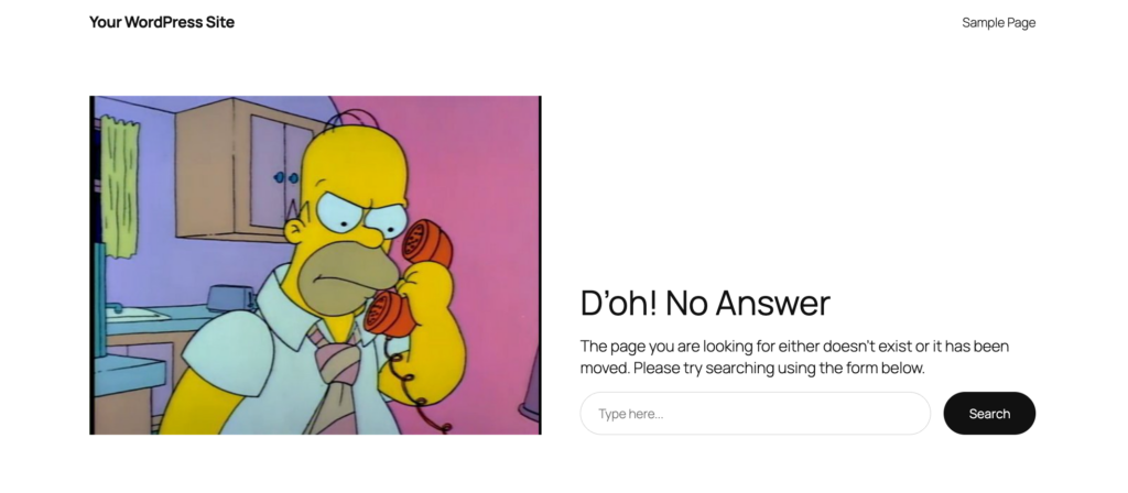 A custom 404 page made in FSE by modifying the theme's existing 404 page. The image has been replaced with Homer Simpson answering the phone, and the text reads "D'oh! No Answer"