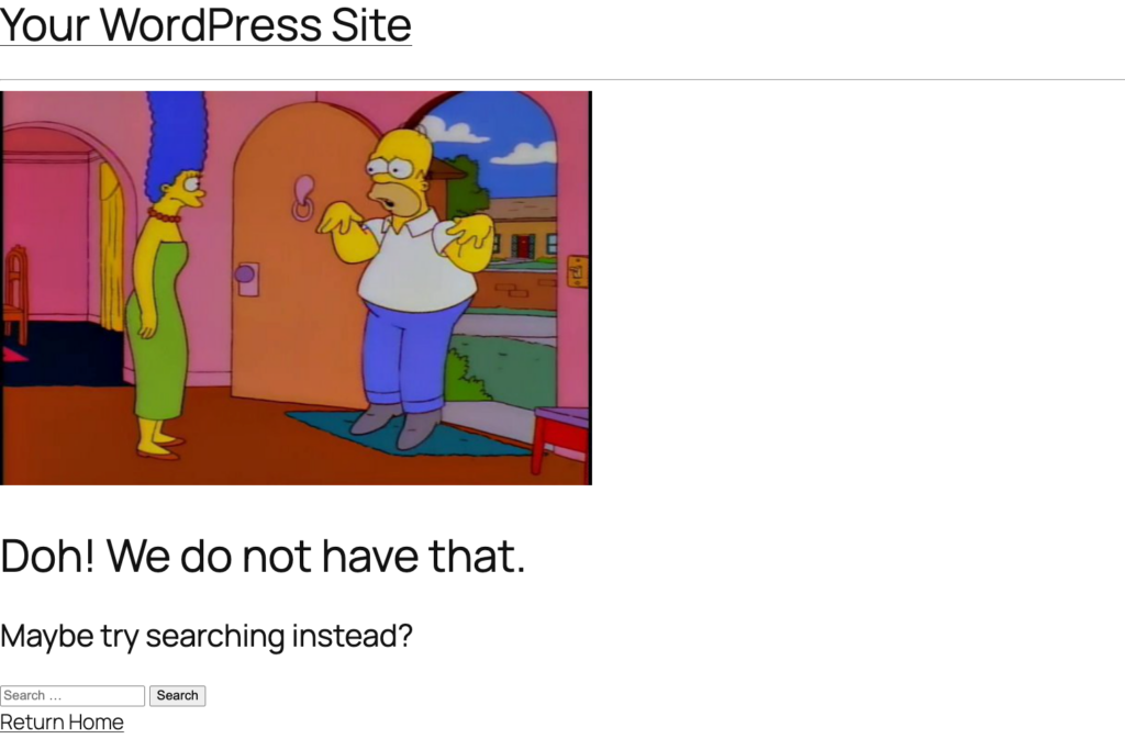 The final custom 404 page, with a custom image selected from the Media Library and updated text. 