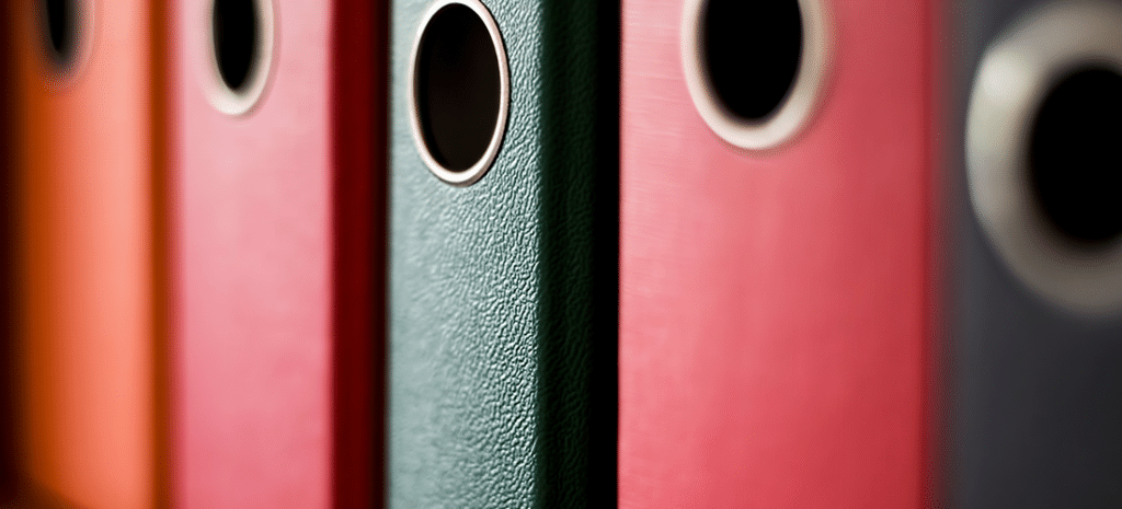 a series of different colored portfolio folders on a shelf