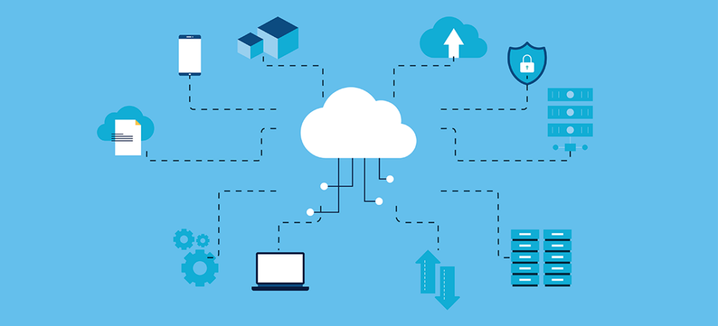 Central cloud icon symbolizing email hosting, connected via dotted lines to other relevant icons such as a smartphone, laptop, security badge, and additional email hosting essential elements.