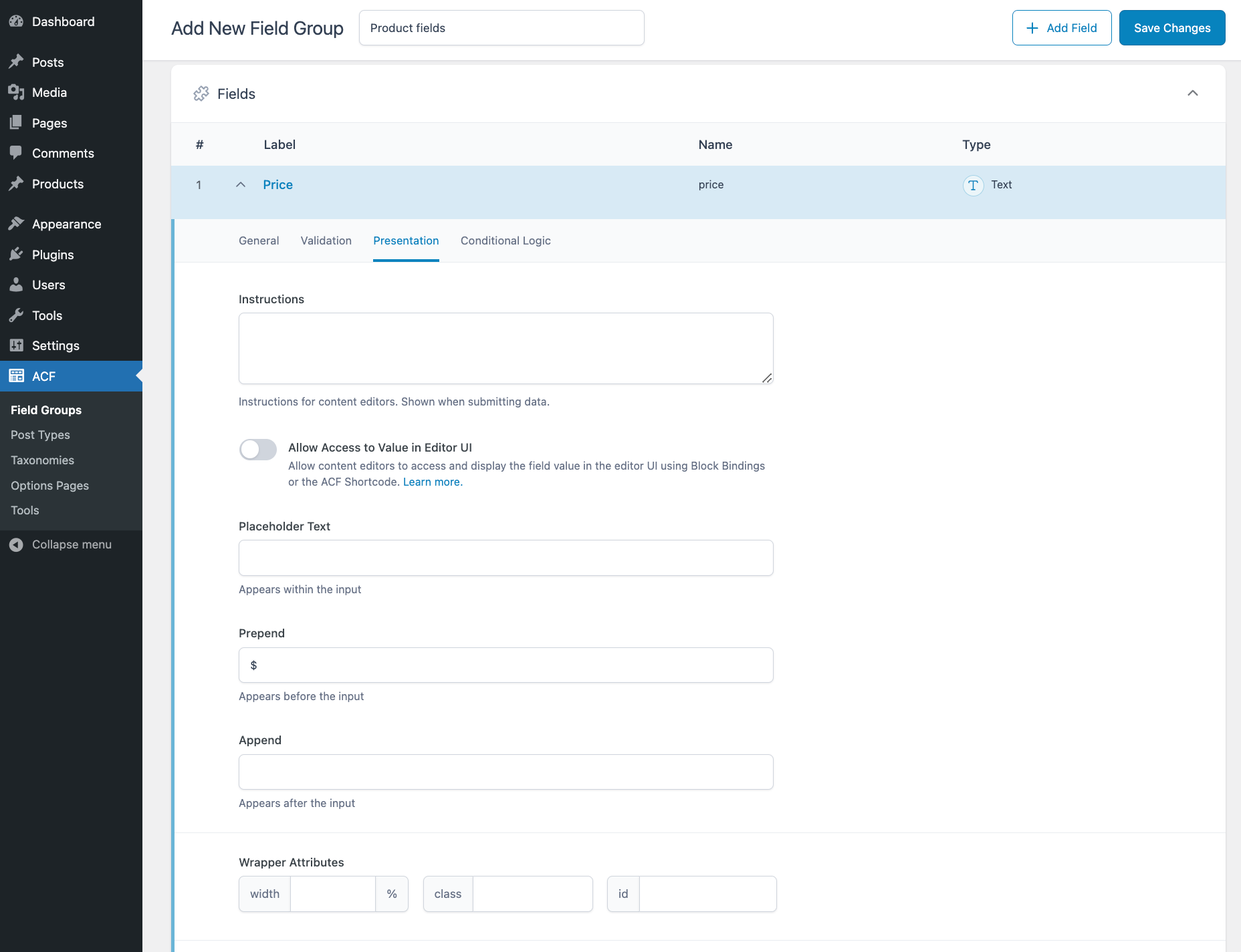 The Presentation tab in the ACF field group editor.
