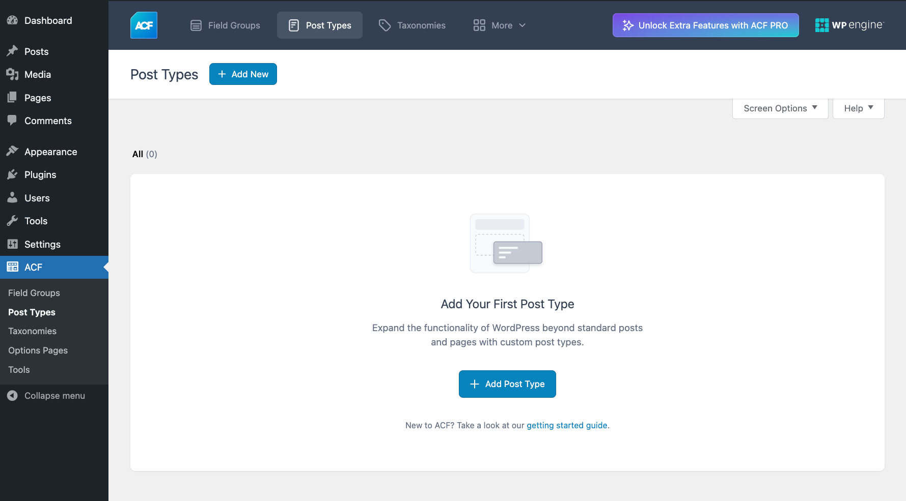 The Post Type screen in Advanced Custom Fields.