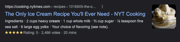 How to Breathe New Life into Your Google Search Results with Rich Snippets. search result for "ice cream recipe" with a rich snippet