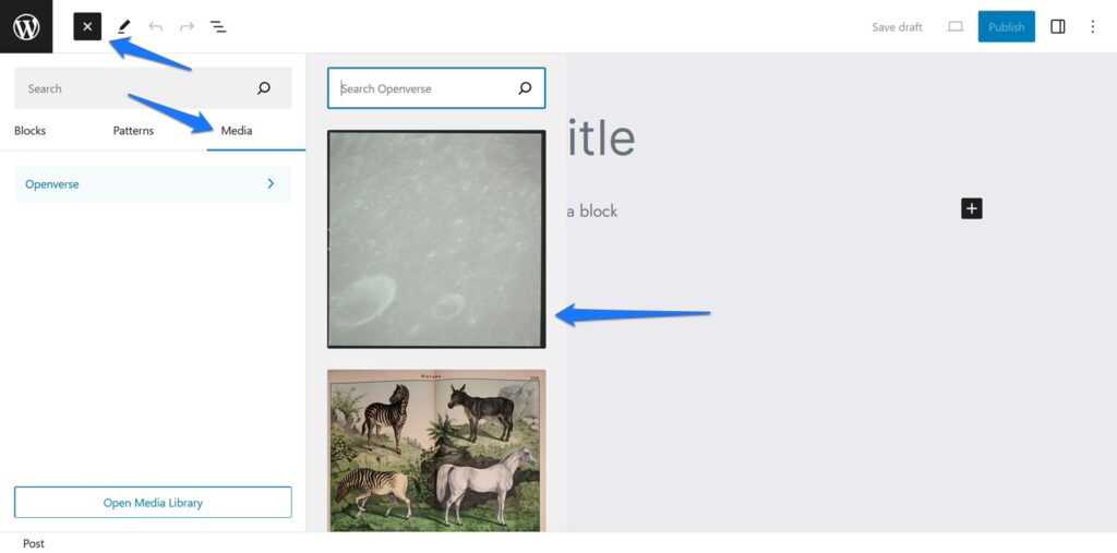 Openverse opened directly from WordPress website dashboard