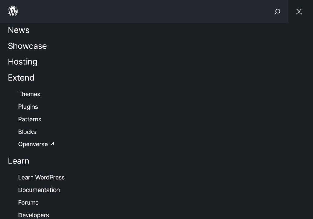 Screenshot of WordPress.org menu showing News, Showcase, Hosting Extend, and Learn pages as well as secondary pages under the Extend and Learn headings