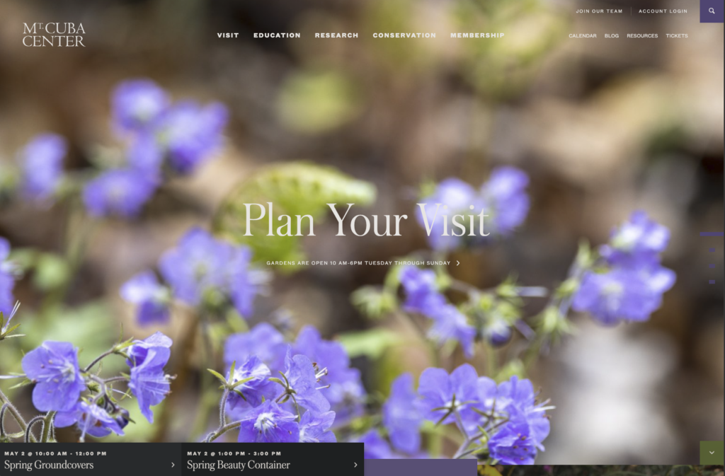 A screenshot of the Mt. Cuba Center homepage built by WP Engine agency partner Drexler