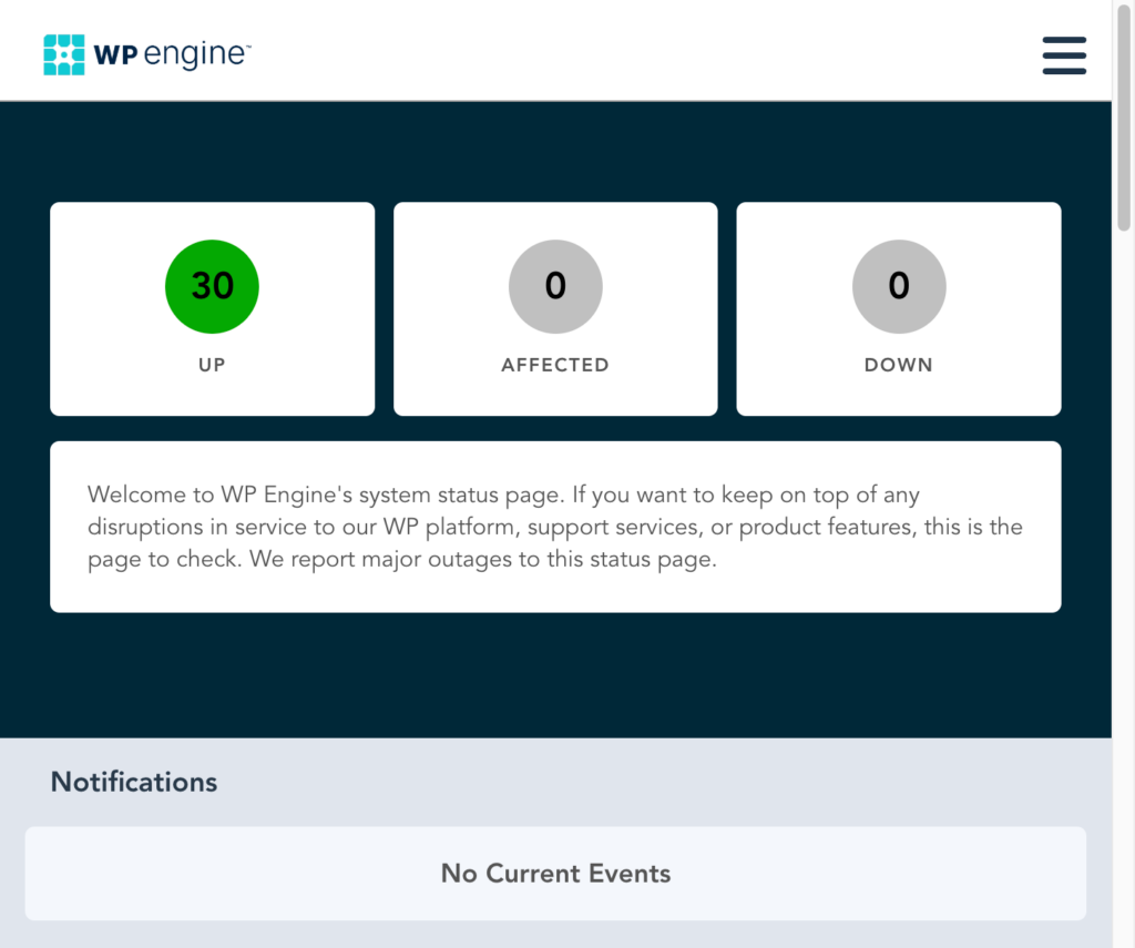 The WP Engine status page, showing 30 servers up, with 0 down or affected.
