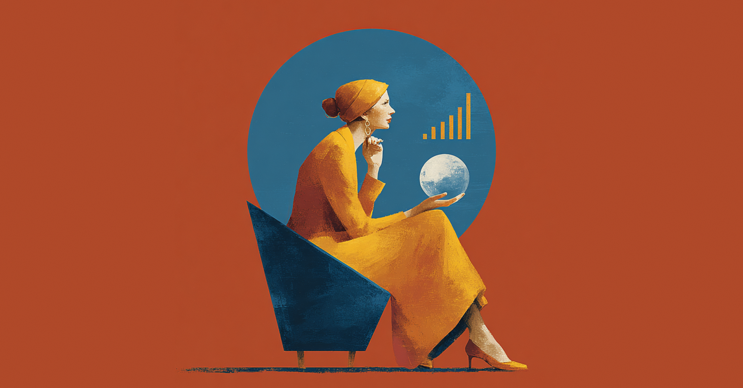 An illustration of a woman with a crystal ball with a wifi logo over it.