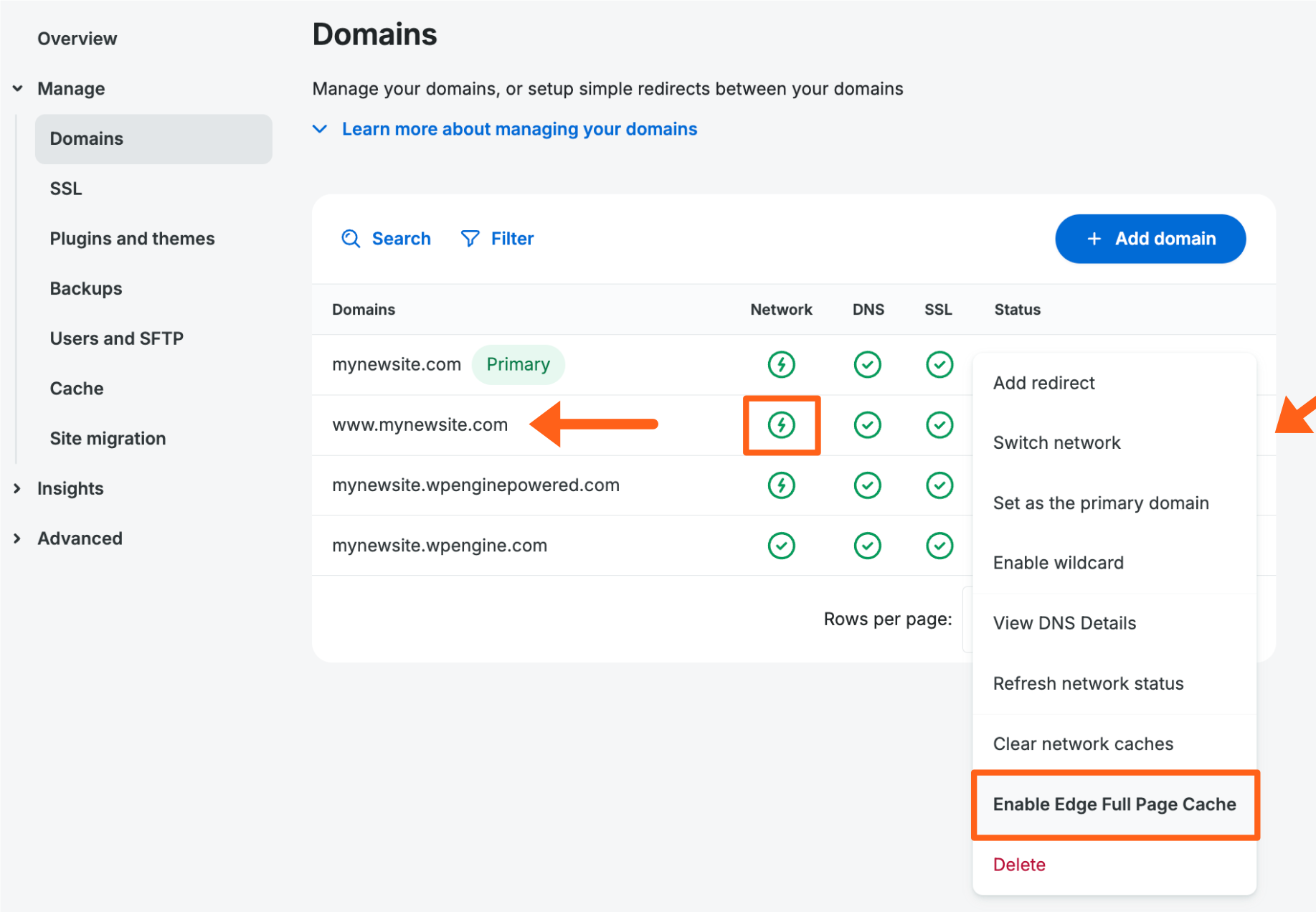 Screenshot of the Domains page for an environment in the WP Engine User Portal showing how to enable Edge Full Page Cache for a domain