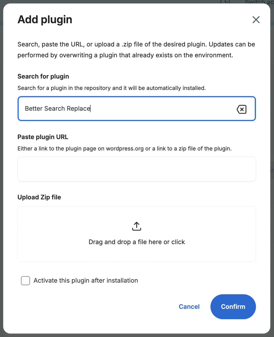 Screenshot of an environment's Plugins and Themes page in the WP Engine User Portal showing the popup window to select and upload a plugin