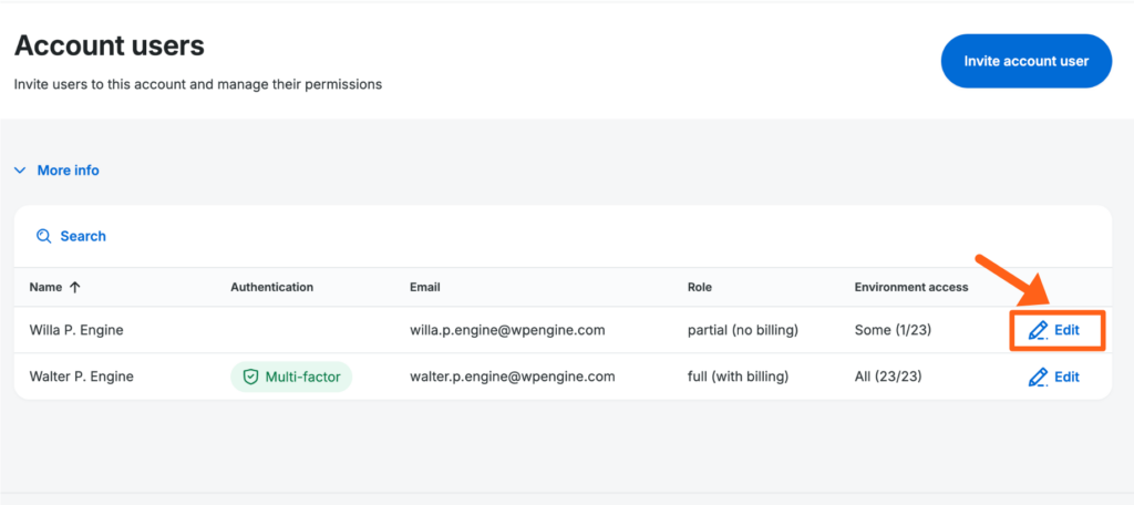 Screenshot of the Users page in the WP Engine User Portal showing the button to edit a user