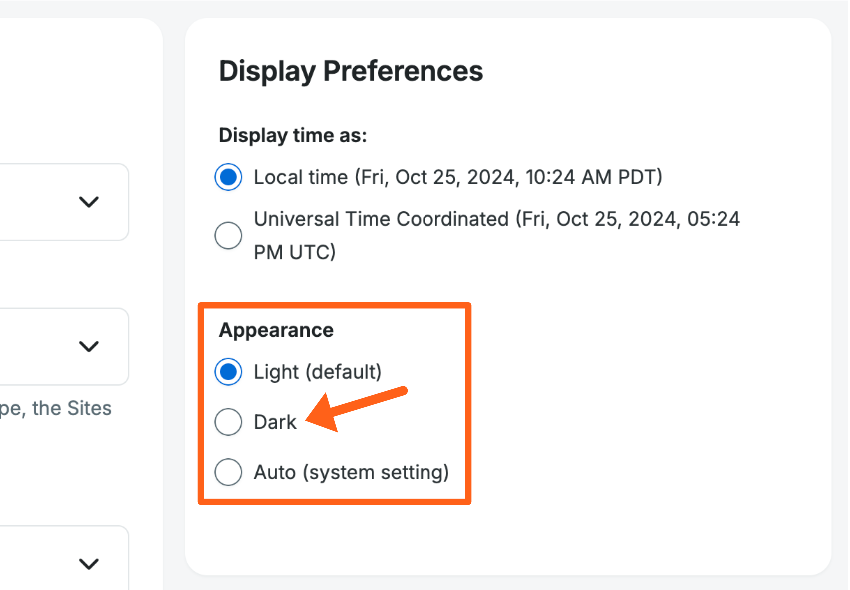 Screenshot of the Profile and Settings page in the WP Engine User Portal showing the option to select Dark Mode.