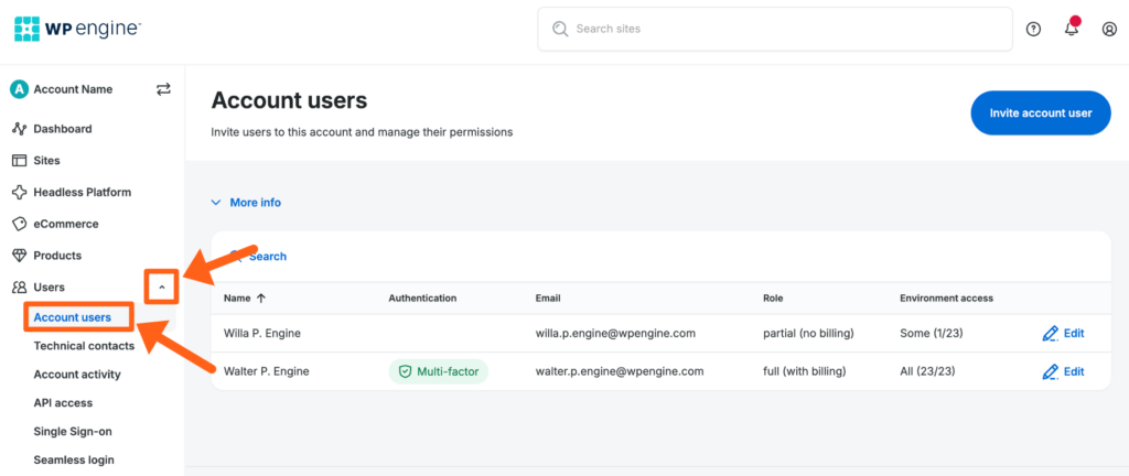 Screenshot of the Users page in the WP Engine User Portal 