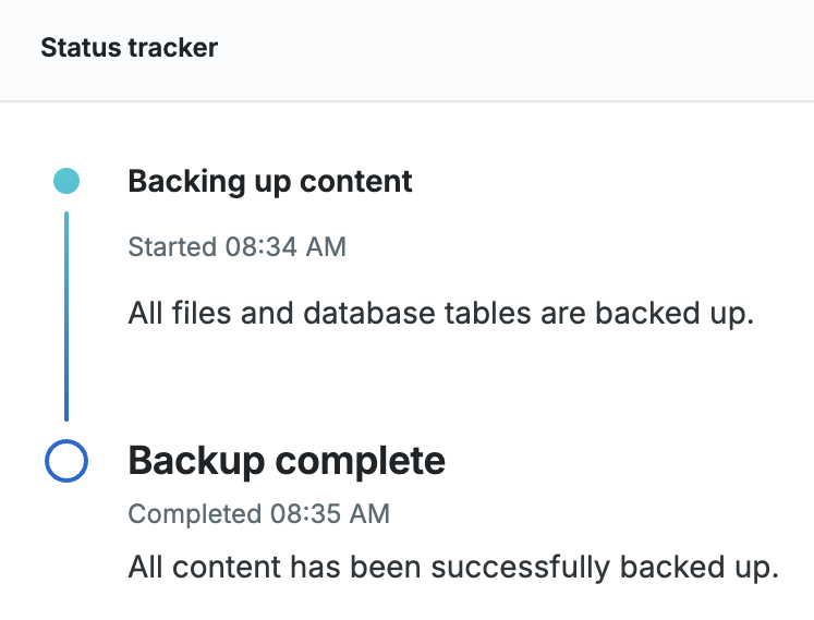 Screenshot of an environment's page in the WP Engine User Portal showing a Status Drawer with details about the most recent backup that is in the Backup up complete status.